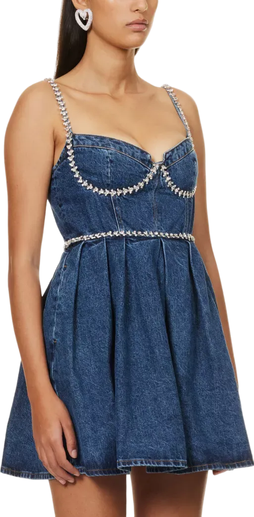 SELF PORTRAIT Blue Crystal-embellished Sweetheart Denim Mini Dress UK 4