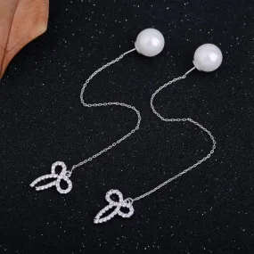 Simulated Pearl CZ Crystal Needle Chain Drop Earring