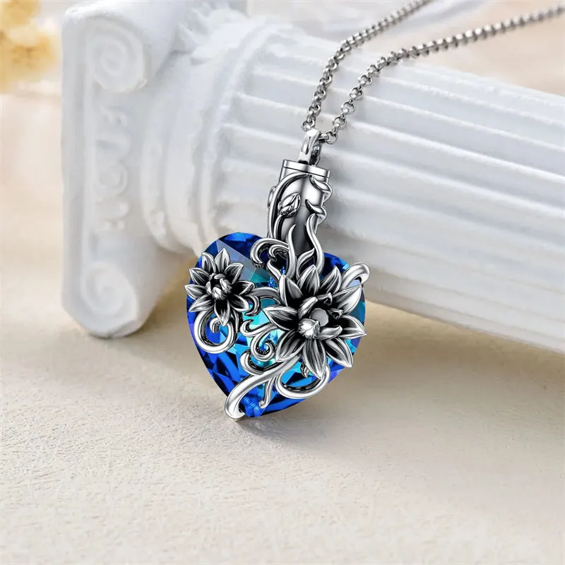 Sterling Silver Rose Flower Cremation Necklace For Ashes Crystal Urn Necklace For Ashes For Women Memorial Jewelry