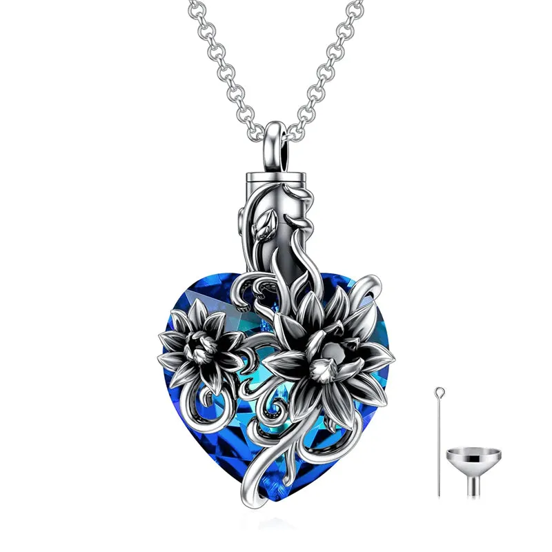 Sterling Silver Rose Flower Cremation Necklace For Ashes Crystal Urn Necklace For Ashes For Women Memorial Jewelry