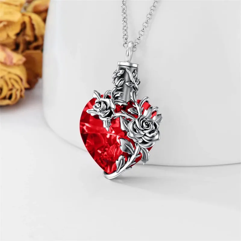 Sterling Silver Rose Flower Cremation Necklace For Ashes Crystal Urn Necklace For Ashes For Women Memorial Jewelry