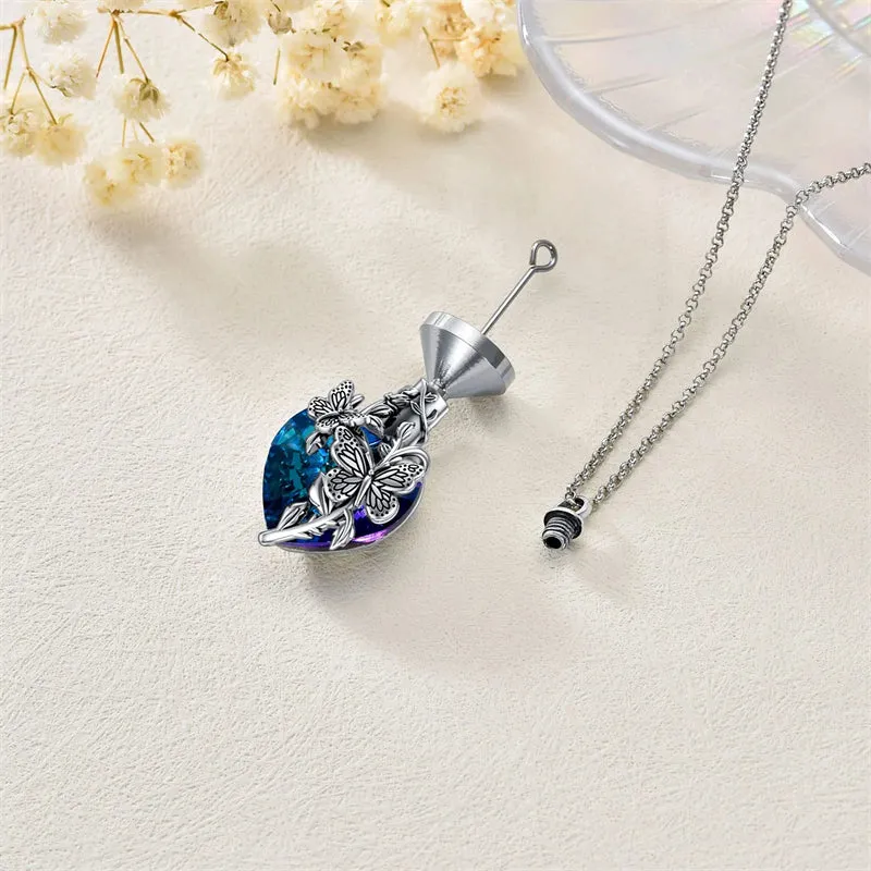 Sterling Silver Rose Flower Cremation Necklace For Ashes Crystal Urn Necklace For Ashes For Women Memorial Jewelry