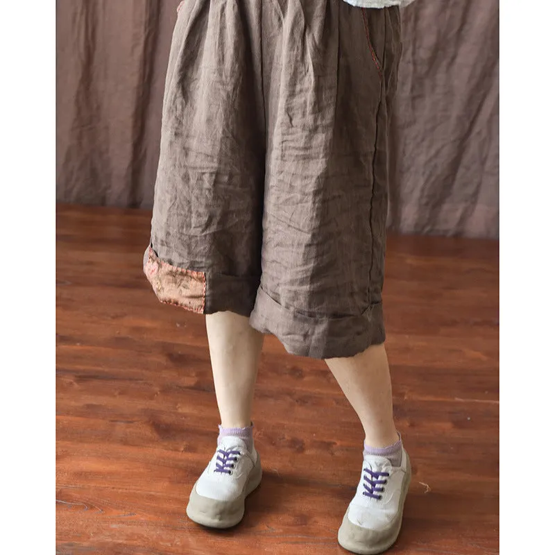 Summer Retro Patchwork Linen Loose Knee High Pants