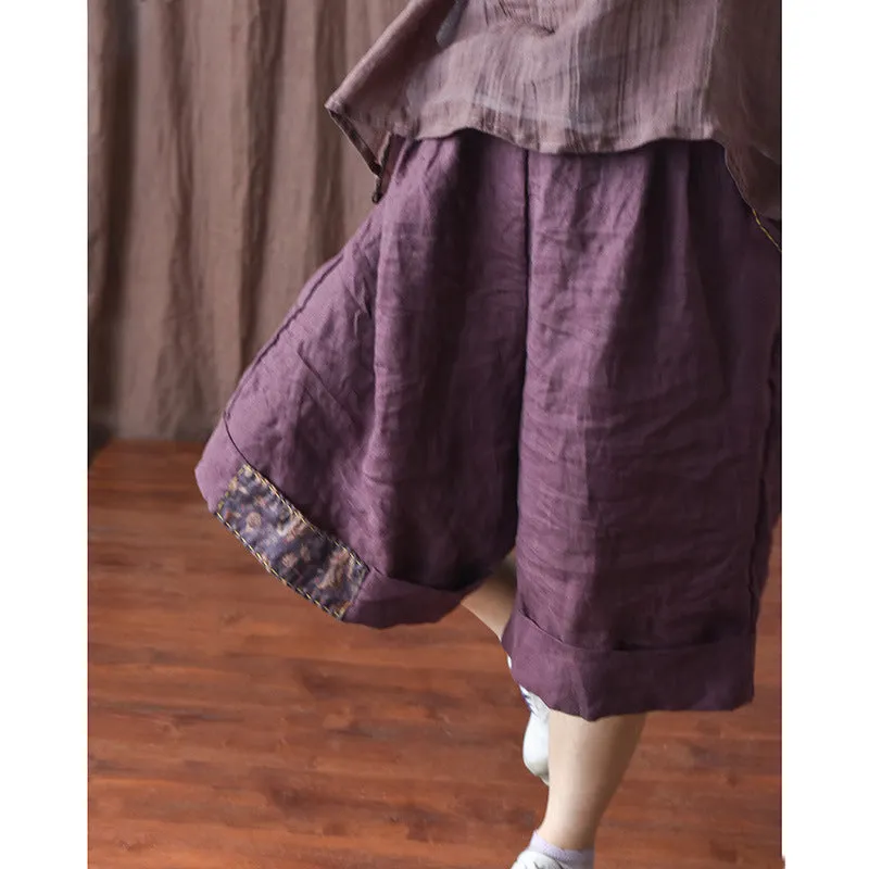 Summer Retro Patchwork Linen Loose Knee High Pants