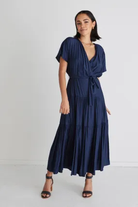 Sunset Navy Tiered Satin Maxi Kimono Dress