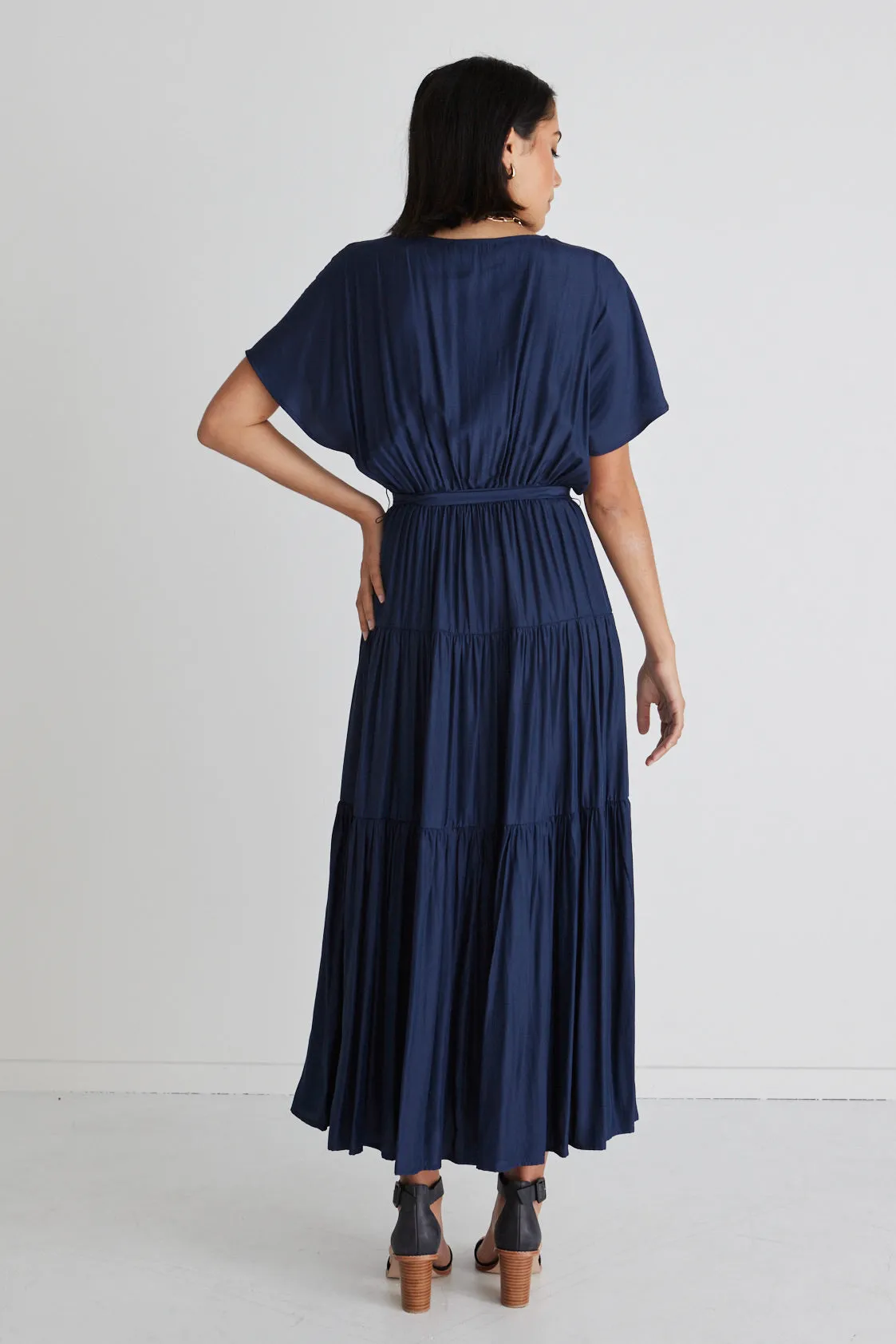 Sunset Navy Tiered Satin Maxi Kimono Dress