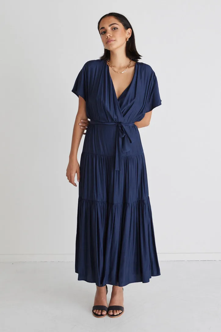 Sunset Navy Tiered Satin Maxi Kimono Dress