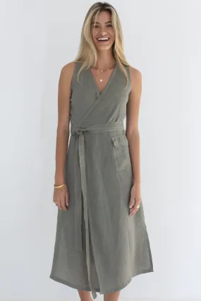 The Wrap Khaki Linen Midi SL Dress