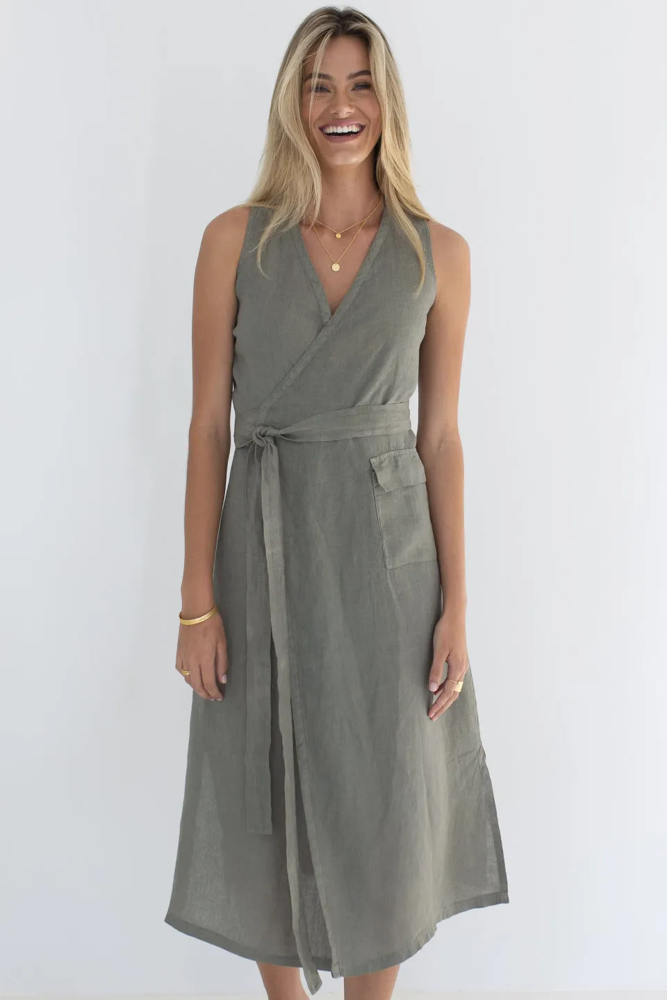 The Wrap Khaki Linen Midi SL Dress