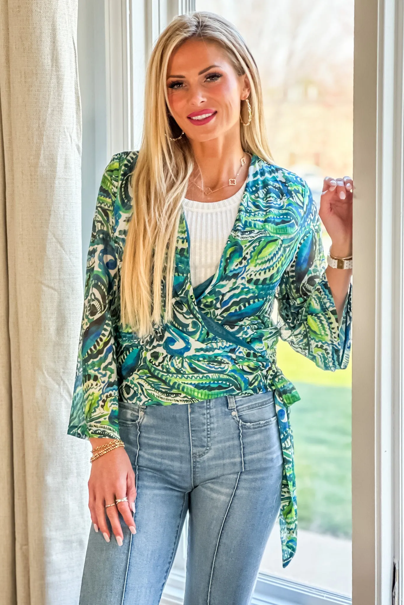 Tribal Sonoma Wrap Top Bell Sleeve : Oceanside