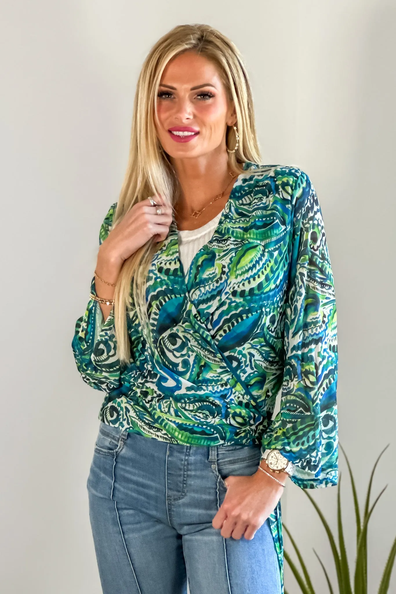 Tribal Sonoma Wrap Top Bell Sleeve : Oceanside