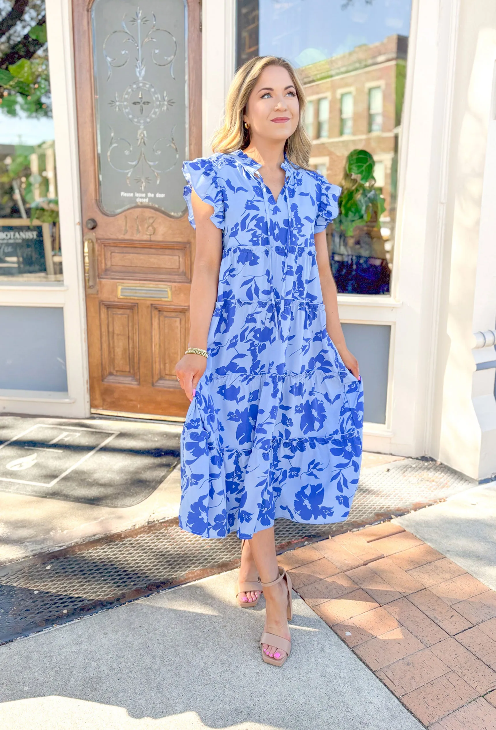 Warmer Weather Floral Midi Dress in Blue