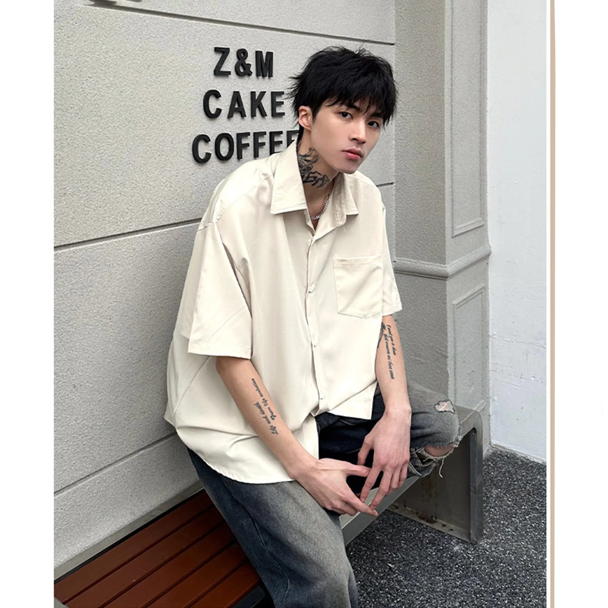 White korean-style boxy relaxed silky shirt for men