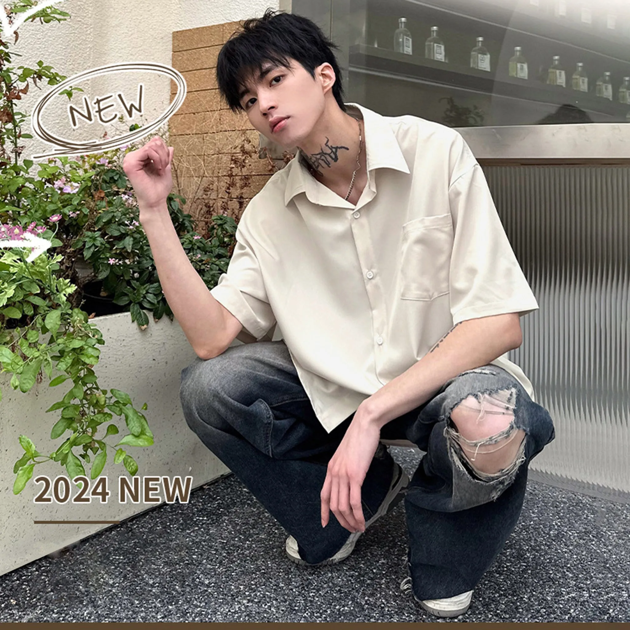 White korean-style boxy relaxed silky shirt for men