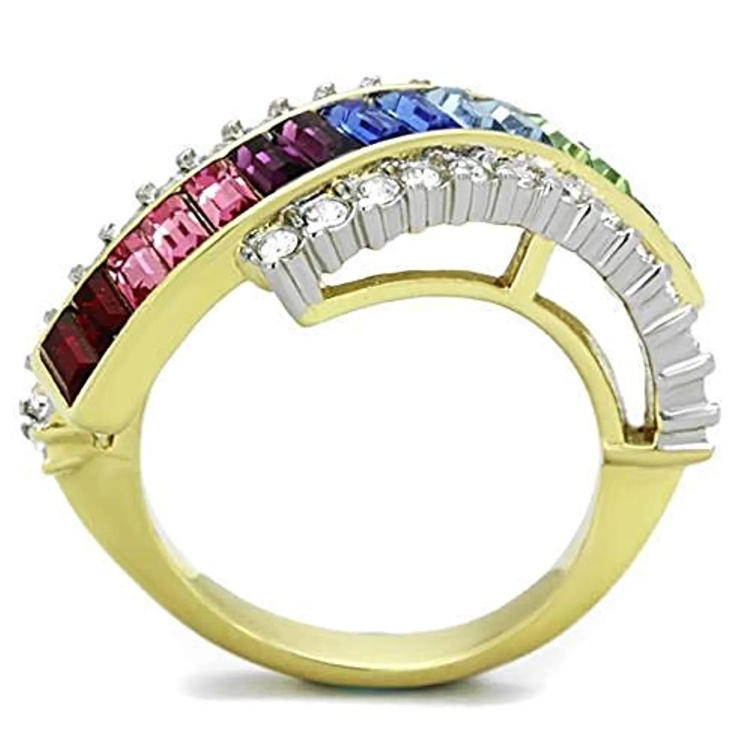 WildKlass Stainless Steel Ring Two-Tone IP Gold Women Top Grade Crystal Multi Color