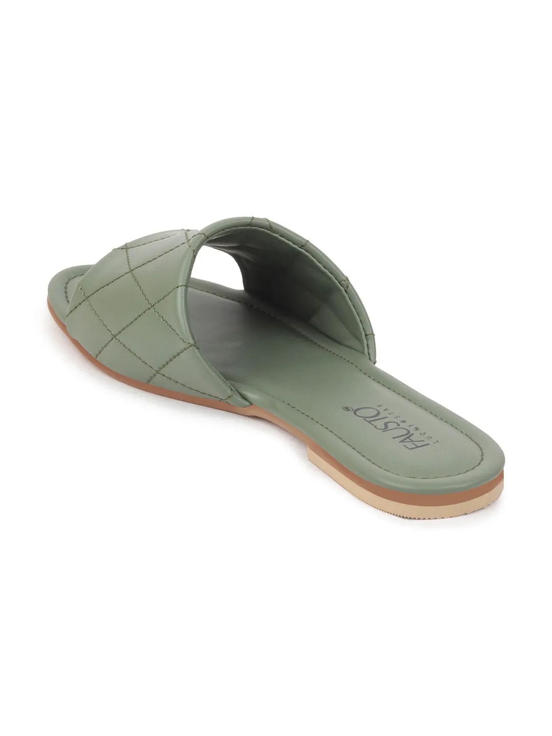 Women Green Slip-On Casual Hand Stitched Open Toe Outdoor Flats Slippers