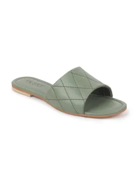 Women Green Slip-On Casual Hand Stitched Open Toe Outdoor Flats Slippers