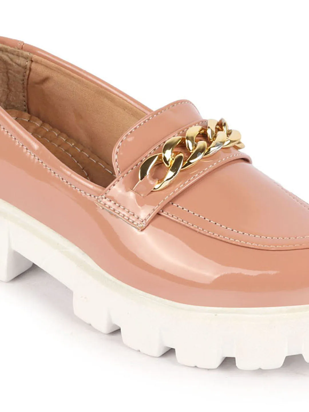 Women Peach Patent Leather Shiny Chain Buckle Classic Casual Slip On Loafer Shoes