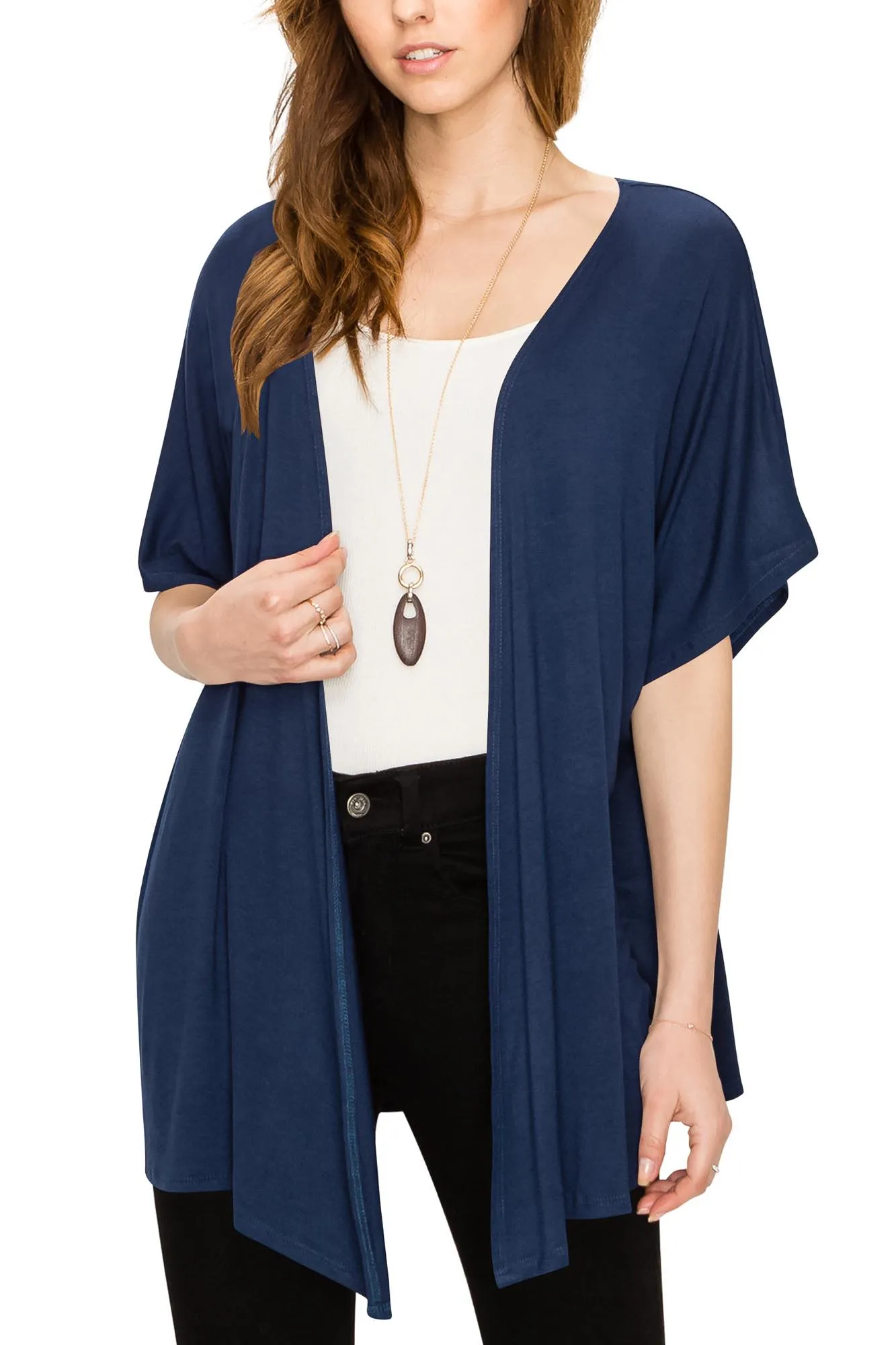 Womens Short Sleeve Open Front Loose Kimono Style Cardigan