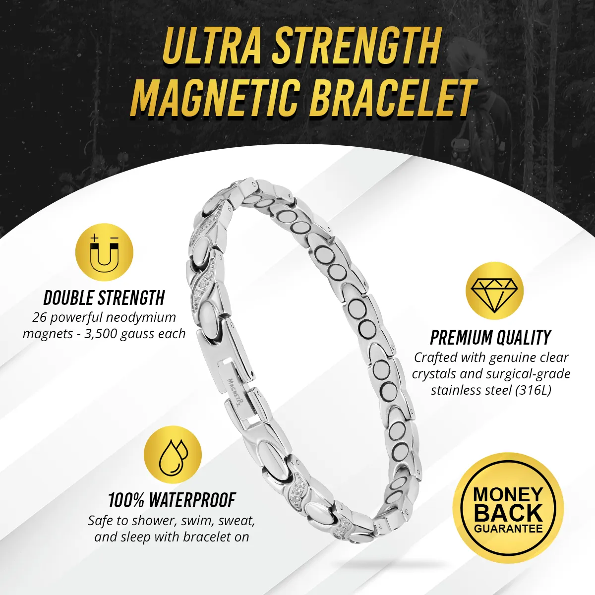 Women's Ultra Strength Magnetic Bracelet Crystal XO (Silver)