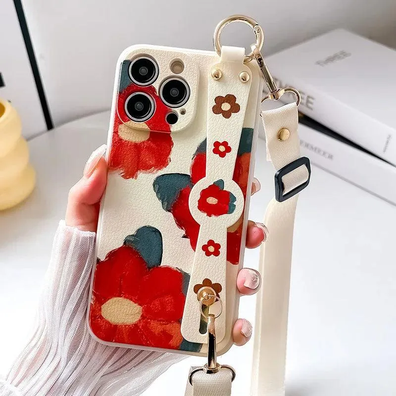 XG08XW Cute Phone Case for Huawei P60, P30, P20, P50, P40 Pro Lite, Honor X8, 20, 50, 70, 90, Nova 9, 8, and 5t  - With Lanyard - Cartoon Flowers