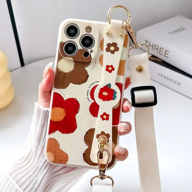 XG08XW Cute Phone Case for Huawei P60, P30, P20, P50, P40 Pro Lite, Honor X8, 20, 50, 70, 90, Nova 9, 8, and 5t  - With Lanyard - Cartoon Flowers