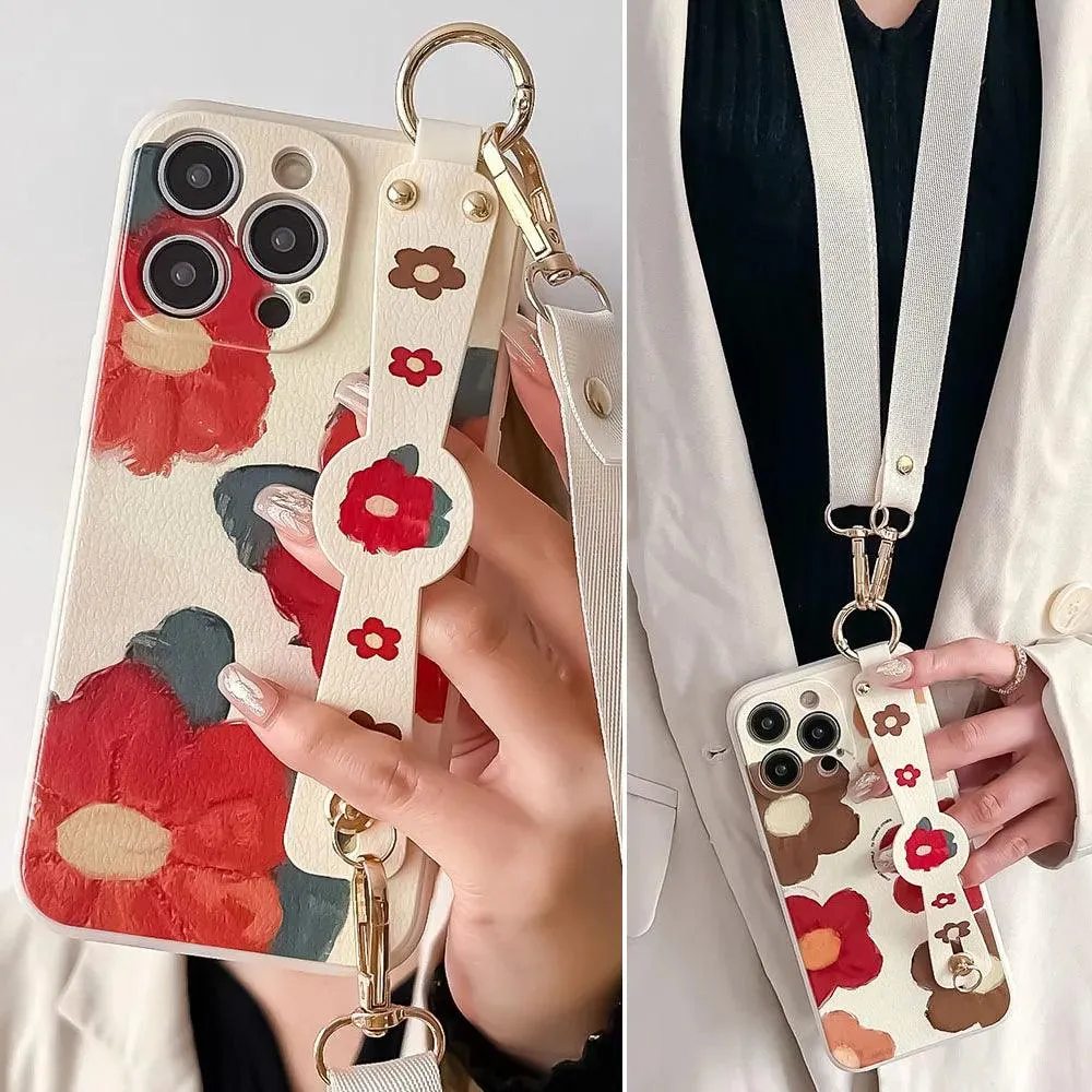 XG08XW Cute Phone Case for Huawei P60, P30, P20, P50, P40 Pro Lite, Honor X8, 20, 50, 70, 90, Nova 9, 8, and 5t  - With Lanyard - Cartoon Flowers