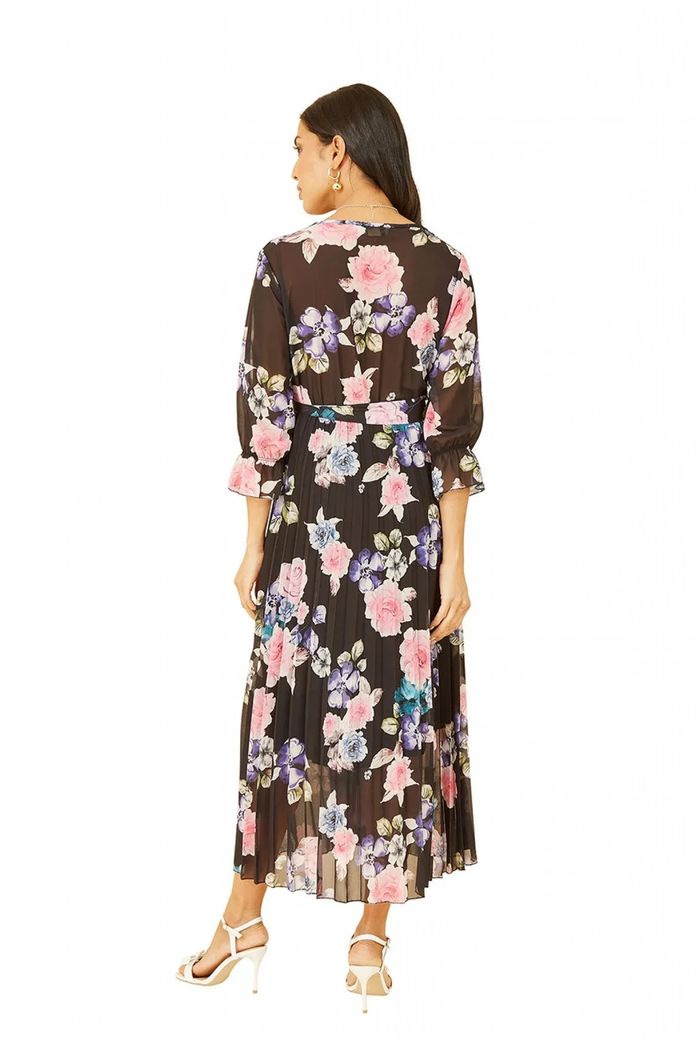 Yumi Black Floral Pleated Wrap Midi Dress